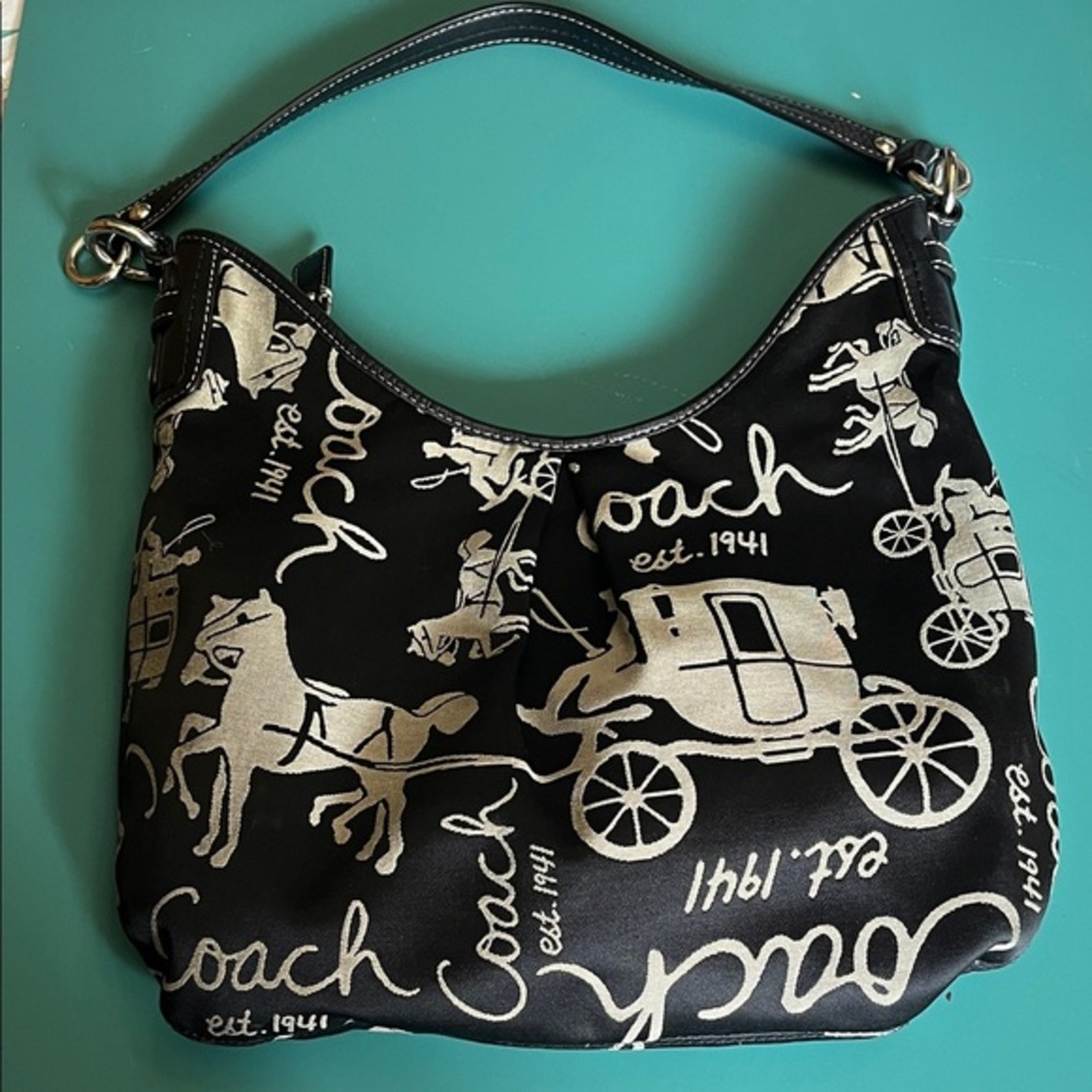 Coach Black and Silver Signature Carriage Hobo Bag Tan Classic Logo leather trim